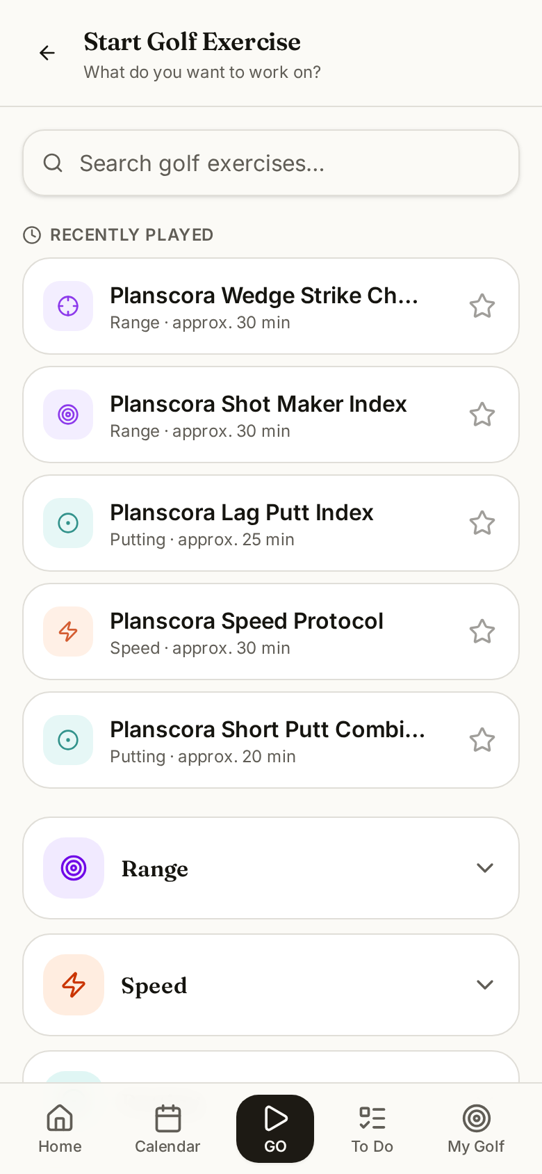 The Planscora golf exercise picker listing structured exercises for putting, short game, ball striking and speed.