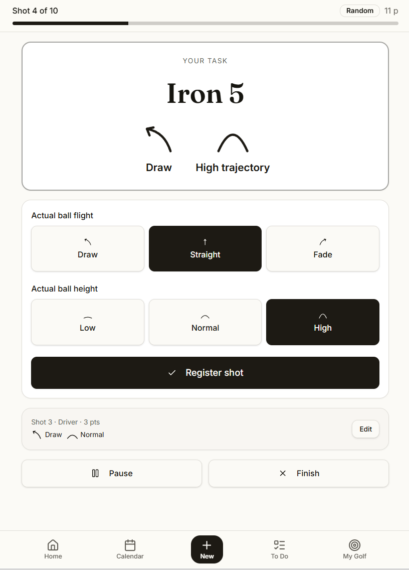 The Planscora Shot Maker screen asking for an iron 5 draw with a high trajectory and buttons to register the actual ball flight.